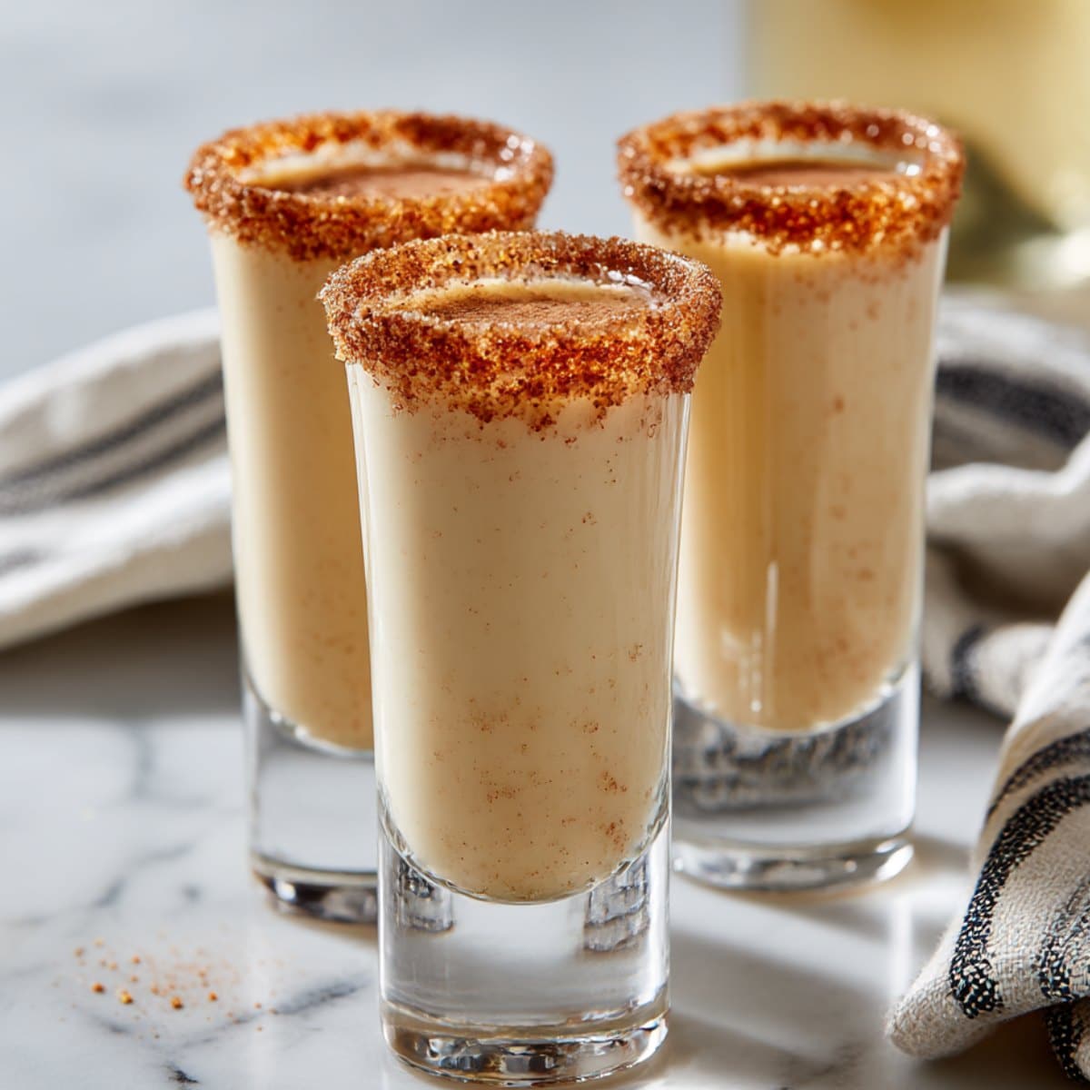 Creamy Cinnamon Toast Crunch shots with cinnamon sugar rims on a white marble counter.