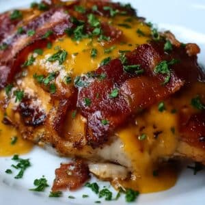 Juicy cowboy BBQ bacon cheddar chicken topped with crispy bacon and melted cheese.