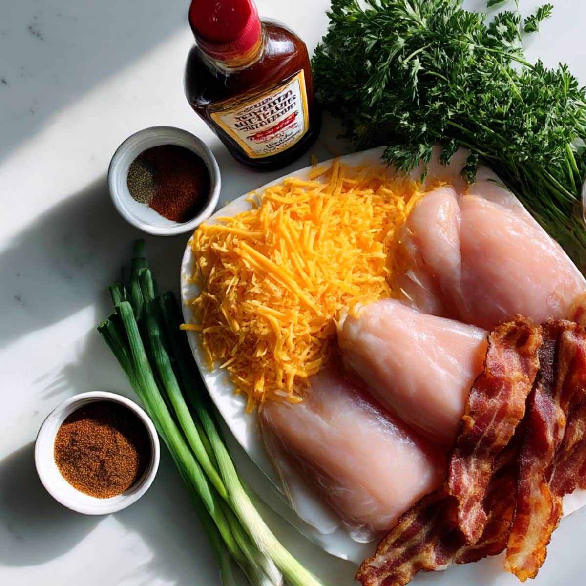 Overhead view of cowboy BBQ bacon cheddar chicken ingredients on a white counter.