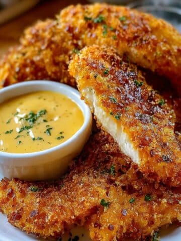 Crispy homemade crack chicken tenders with a golden Ritz cracker crust served with creamy dipping sauce.