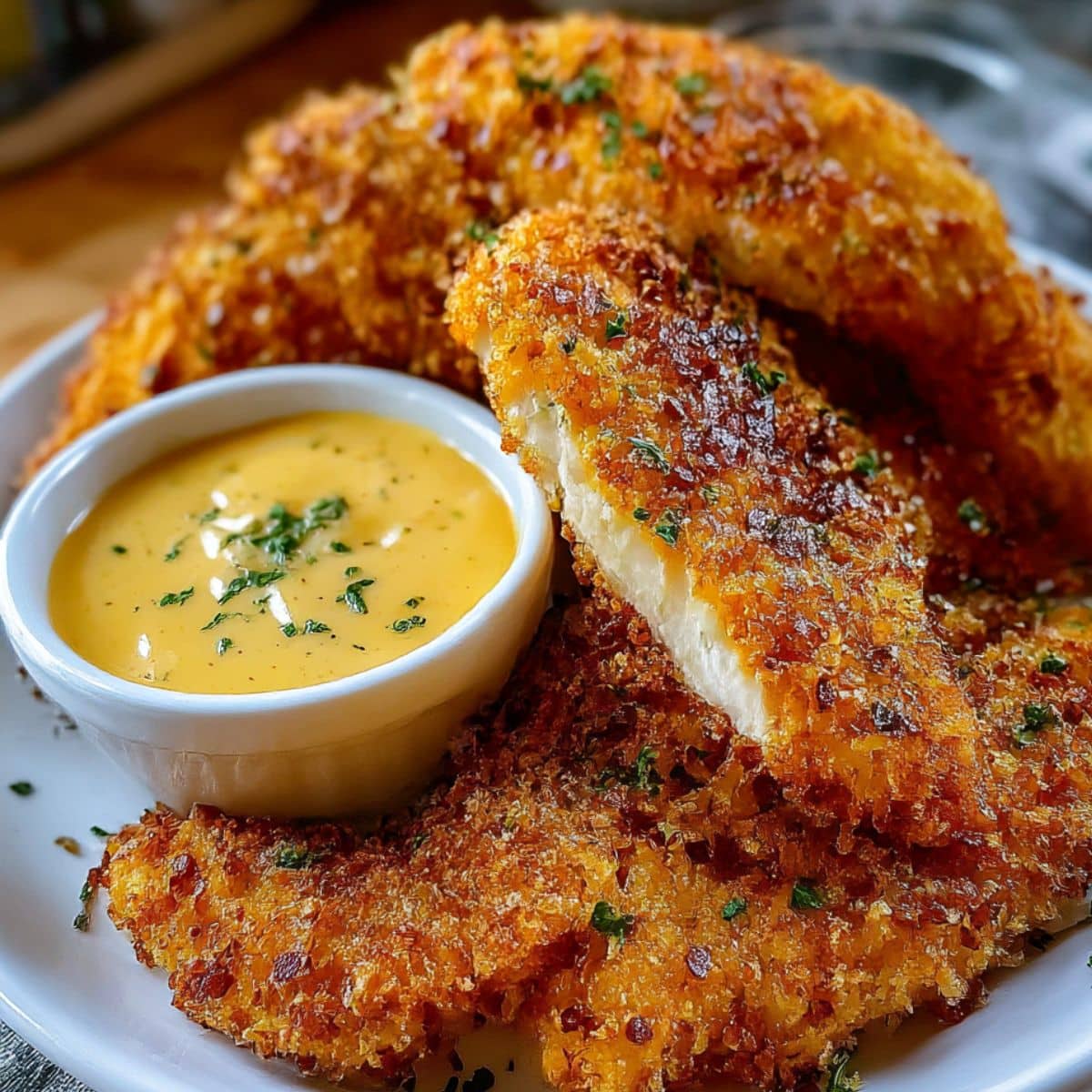 Crispy homemade crack chicken tenders with a golden Ritz cracker crust served with creamy dipping sauce.