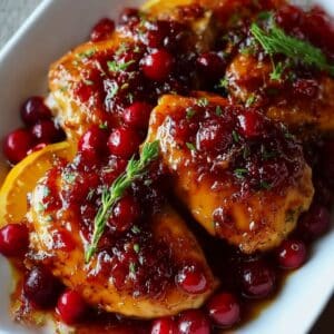 Cranberry orange glazed chicken topped with fresh cranberries and herbs in a glossy holiday sauce.