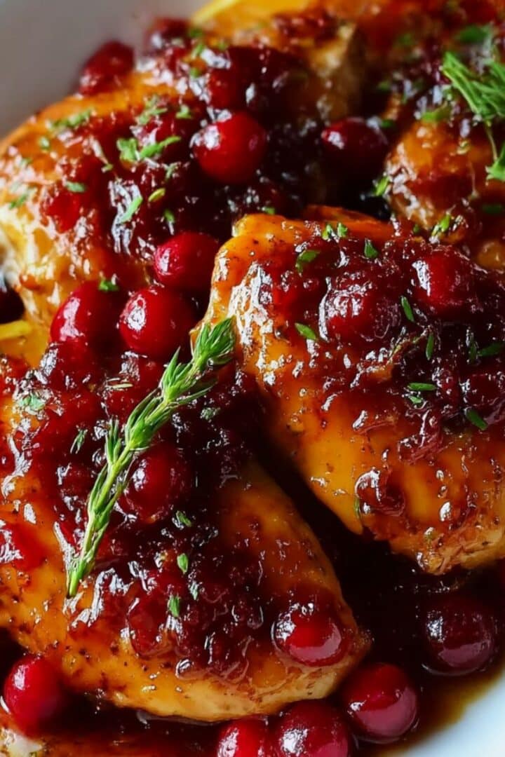 Cranberry orange glazed chicken topped with fresh cranberries and herbs in a glossy holiday sauce.