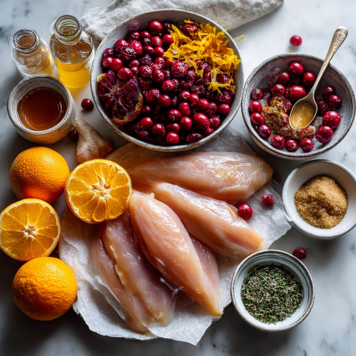 Overhead flat lay of fresh cranberries, oranges, chicken, and seasonings for cranberry orange glazed chicken.