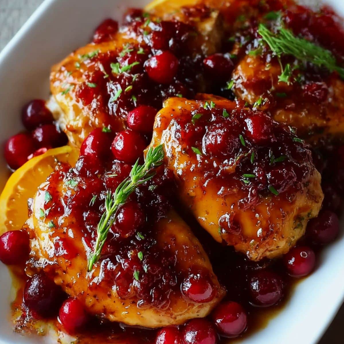 Cranberry orange glazed chicken topped with fresh cranberries and herbs in a glossy holiday sauce.