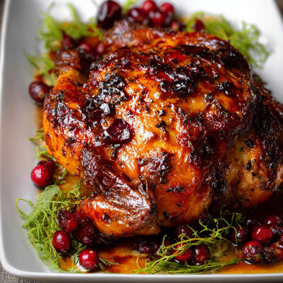 Cranberry maple roast chicken with glossy caramelized skin, fresh cranberries, and herbs on a serving platter.