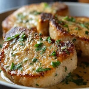 Juicy garlic parmesan pork chops seared golden and topped with creamy parmesan garlic sauce.