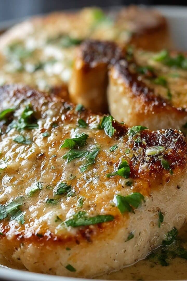 Juicy garlic parmesan pork chops seared golden and topped with creamy parmesan garlic sauce.