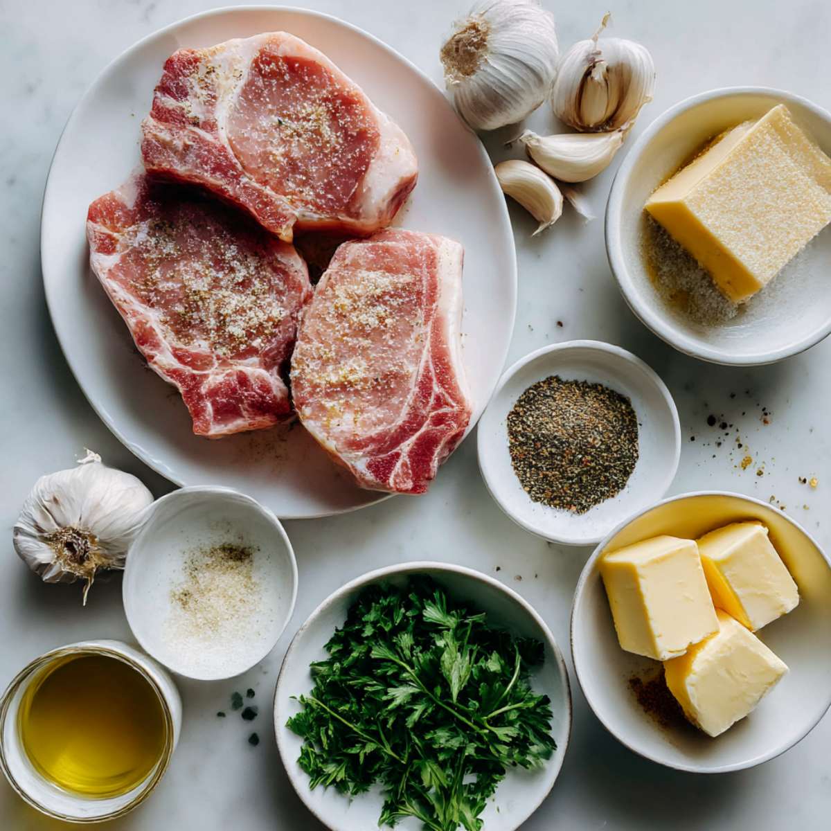 All ingredients for garlic parmesan pork chops on a white counter — pork chops, garlic, cream, and parmesan.