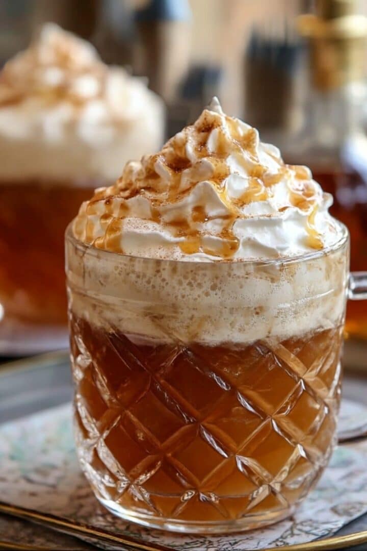 Homemade Harry Potter butterbeer topped with whipped cream and caramel drizzle.