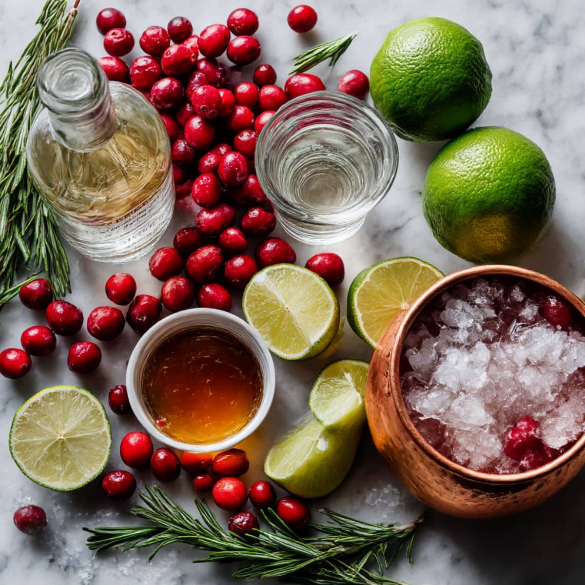 Ingredients for a holiday mule cocktail including cranberries, lime, rosemary, ginger beer, and ice.