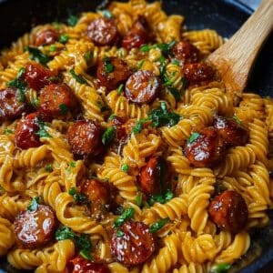 Honey garlic sausage pasta with caramelized sausage slices and glossy honey garlic sauce coating rotini noodles.
