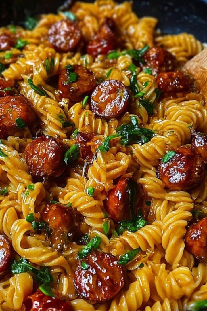 Honey garlic sausage pasta with caramelized sausage slices and glossy honey garlic sauce coating rotini noodles.