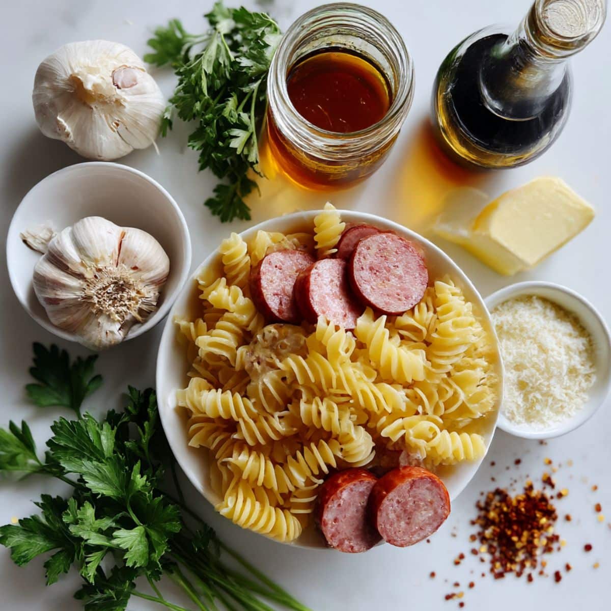 Overhead view of honey garlic sausage pasta ingredients; sausage, honey, garlic, soy sauce, and pasta on a white counter.