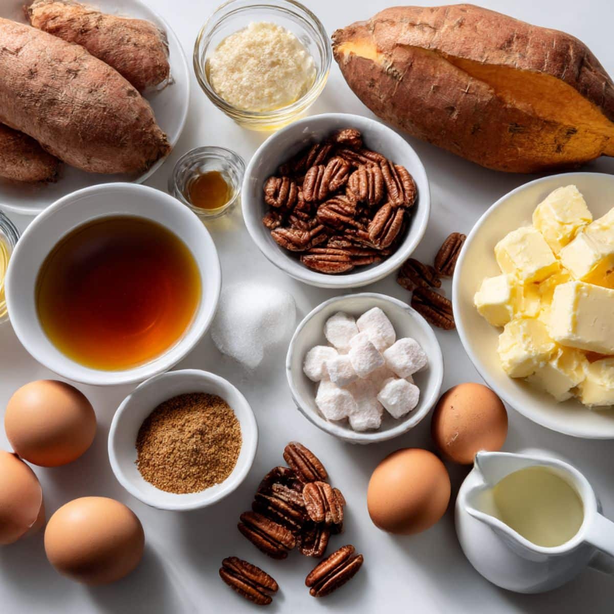 Ingredients for maple sweet potato casserole including sweet potatoes, maple syrup, pecans, spices, and marshmallows.