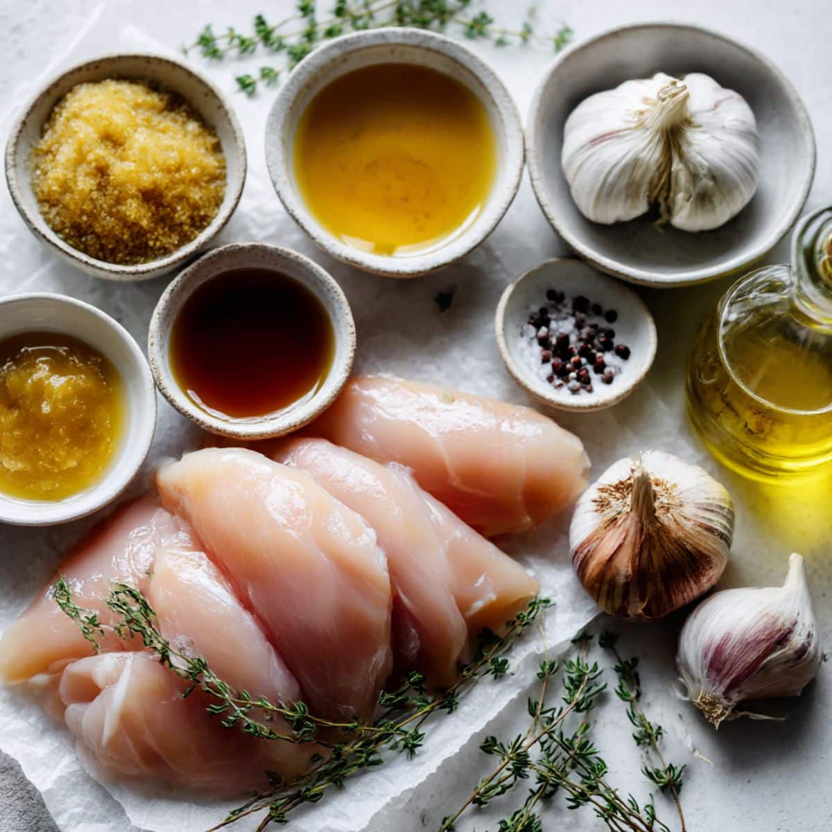 Overhead view of maple dijon chicken ingredients on a white kitchen counter.
