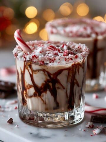 Festive Naughty Elf cocktail with crushed candy cane rim, whipped cream, and chocolate drizzle served in a holiday glass.