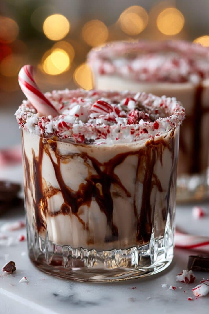 Festive Naughty Elf cocktail with crushed candy cane rim, whipped cream, and chocolate drizzle served in a holiday glass.