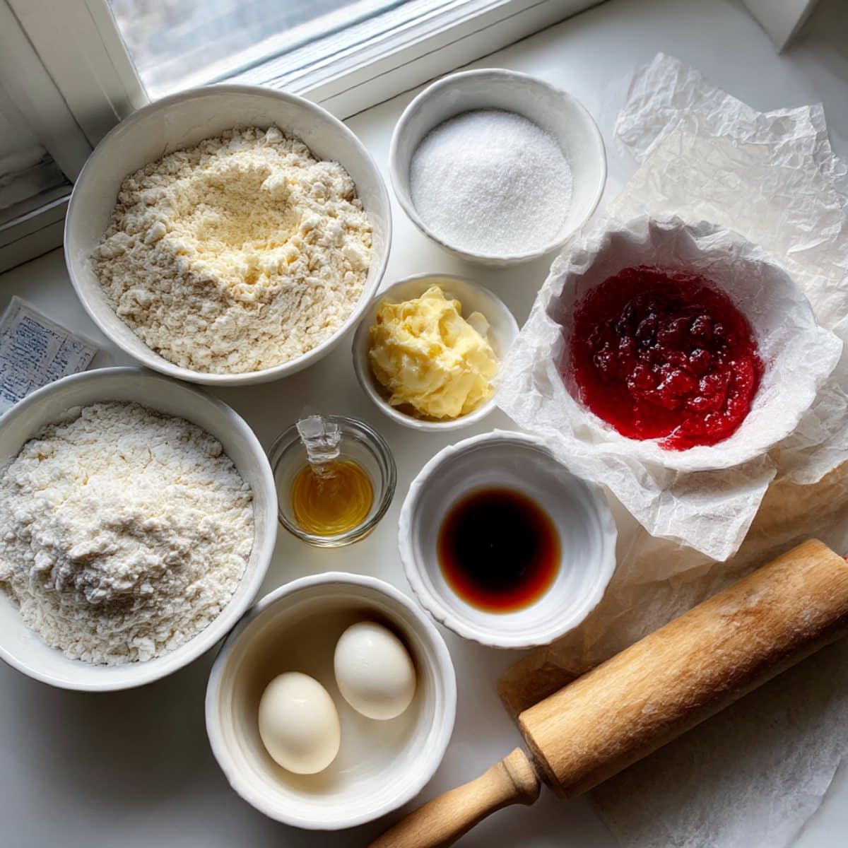 Overhead view of ingredients for peppermint swirl cookies including butter, flour, eggs, and red food coloring.