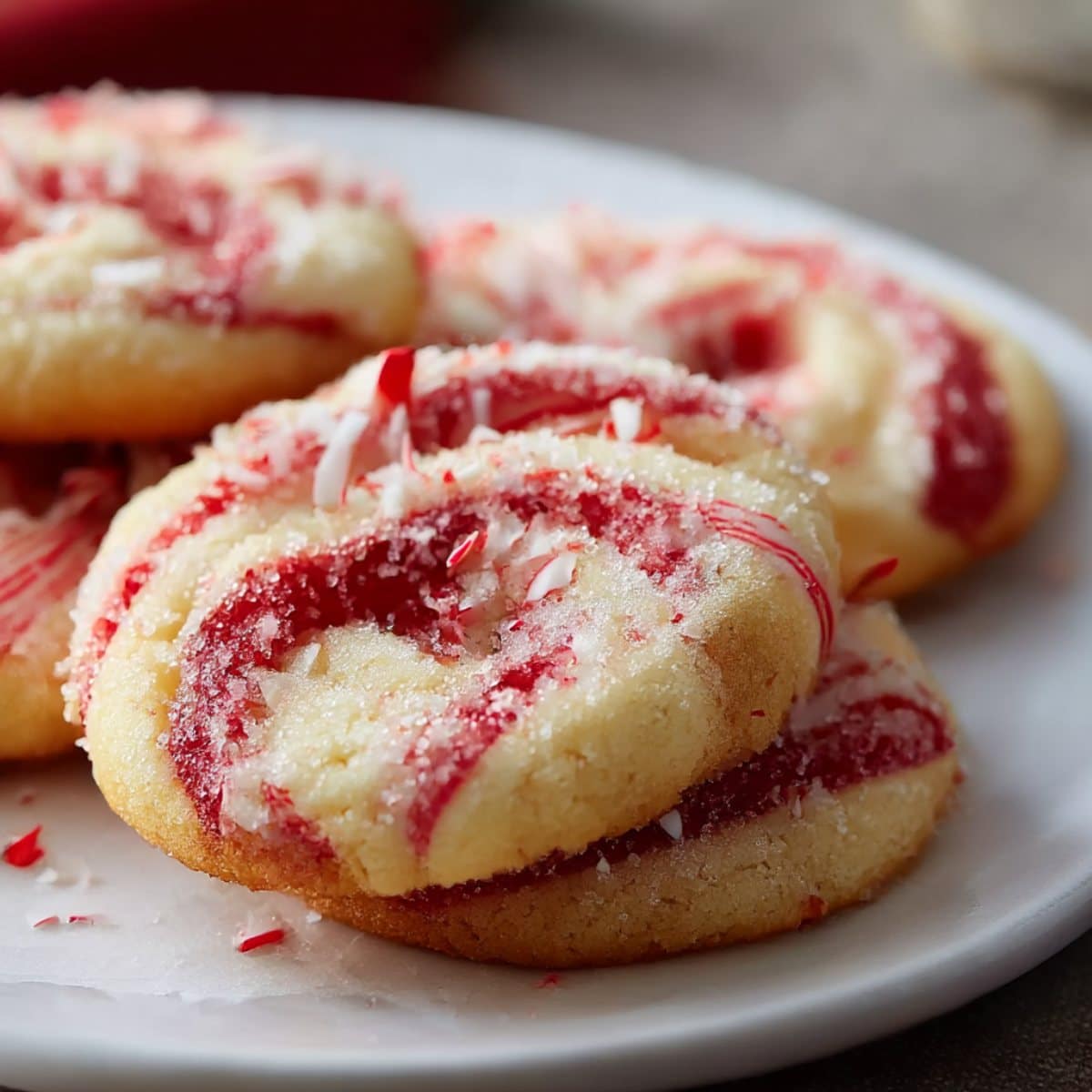 Festive peppermint swirl cookies with red and white candy cane spirals topped with crushed peppermint.