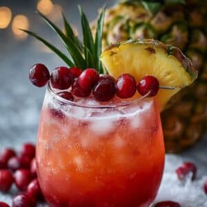 Festive pineapple cranberry drink with a layered red gradient, fresh cranberries, and a pineapple slice garnish.