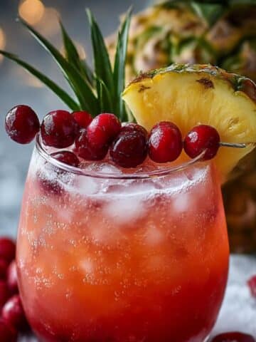 Festive pineapple cranberry drink with a layered red gradient, fresh cranberries, and a pineapple slice garnish.