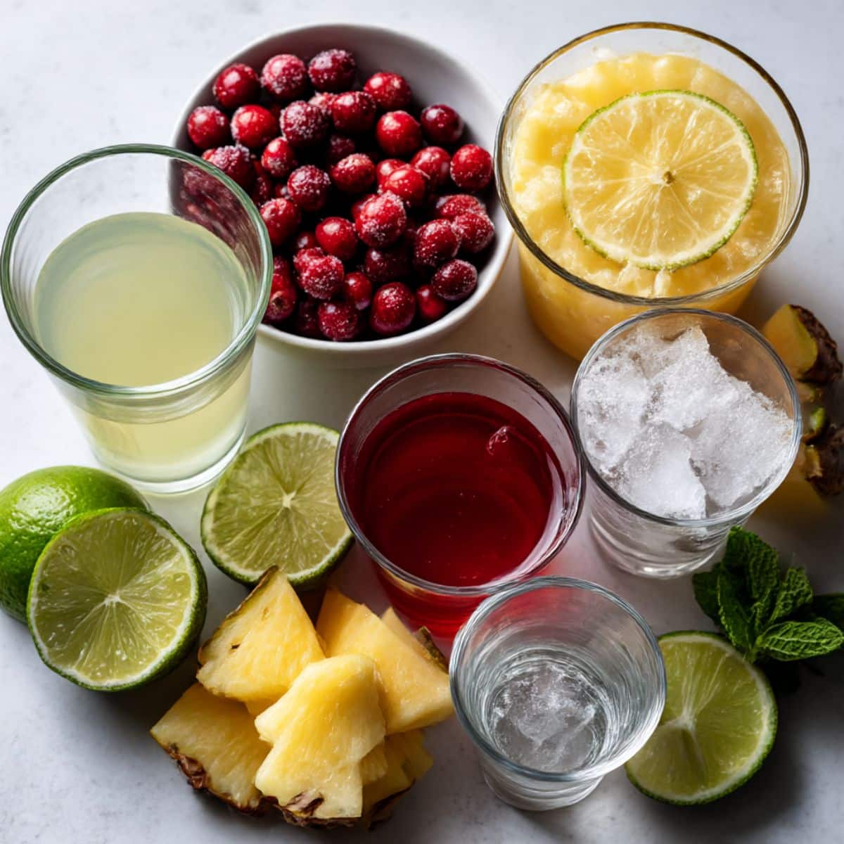 Ingredients for a pineapple cranberry cocktail displayed on a white counter, including fresh cranberries and pineapple juice.