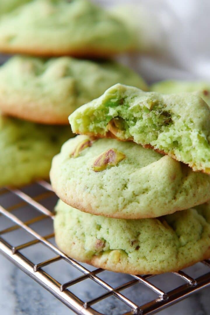 Soft pistachio pudding cookies stacked on a cooling rack with a bite showing their green, chewy centers.