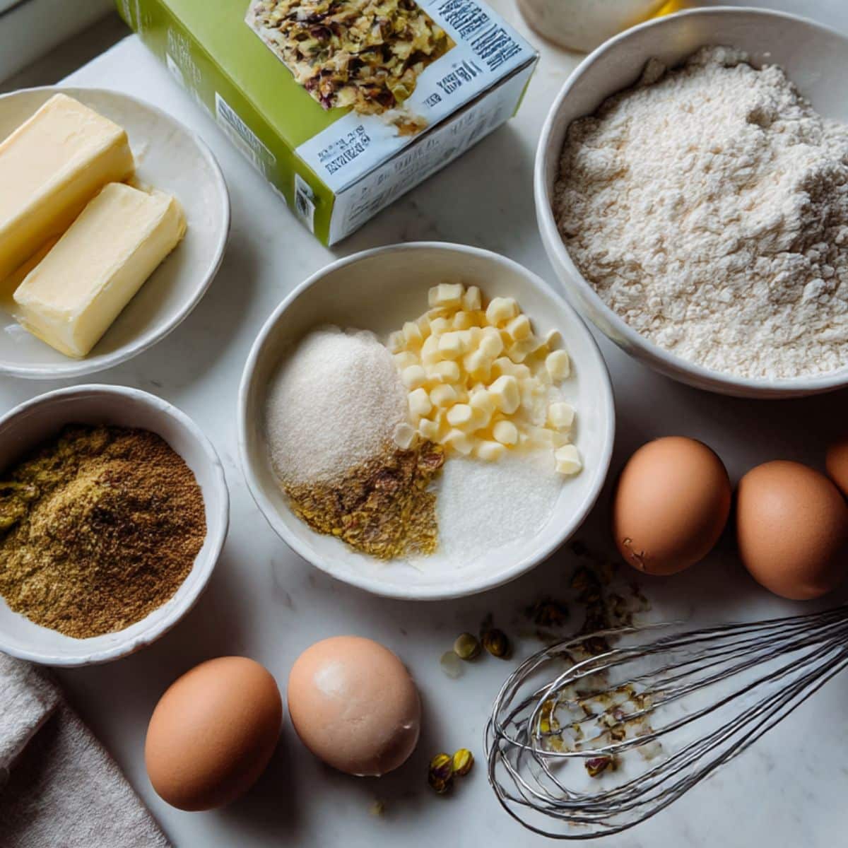 Overhead view of ingredients for pistachio pudding cookies including pudding mix, butter, sugar, and flour.