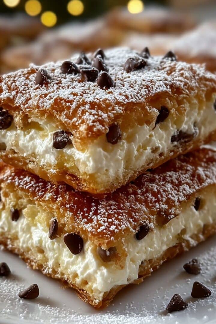 Ricotta cannoli squares with creamy ricotta filling and mini chocolate chips between golden pastry layers, dusted with powdered sugar.