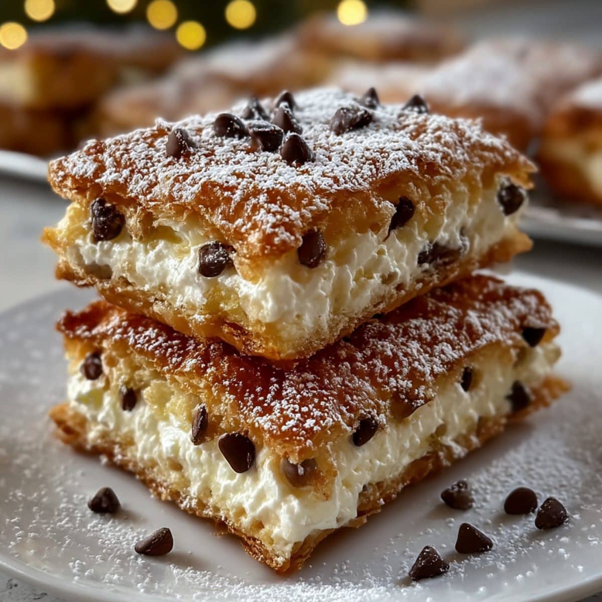 Ricotta cannoli squares with creamy ricotta filling and mini chocolate chips between golden pastry layers, dusted with powdered sugar.
