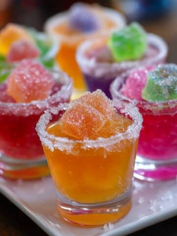 Sour Patch jello shots with colorful candy and sour sugar rims. Bright rainbow jello shots perfect for parties.