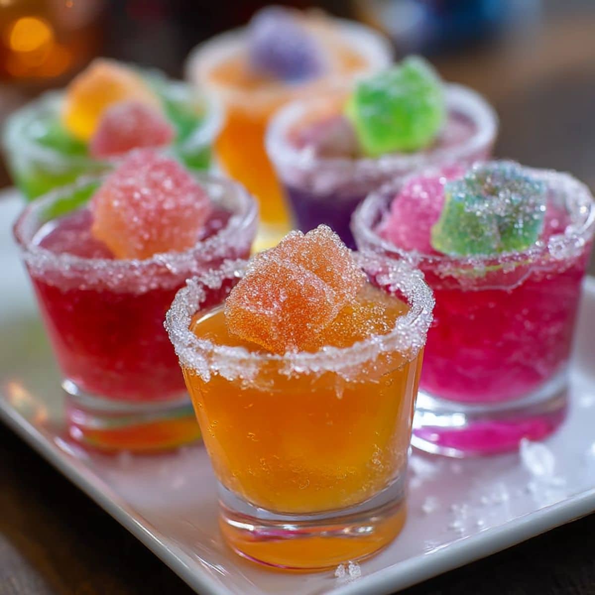 Sour Patch jello shots with colorful candy and sour sugar rims. Bright rainbow jello shots perfect for parties.