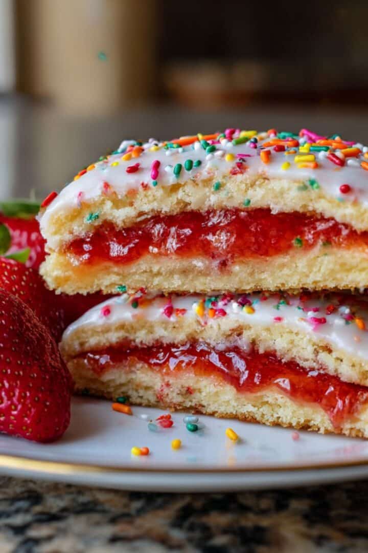 Close-up of strawberry pop tart sugar cookies sliced in half, stacked on a white plate with gold rim.