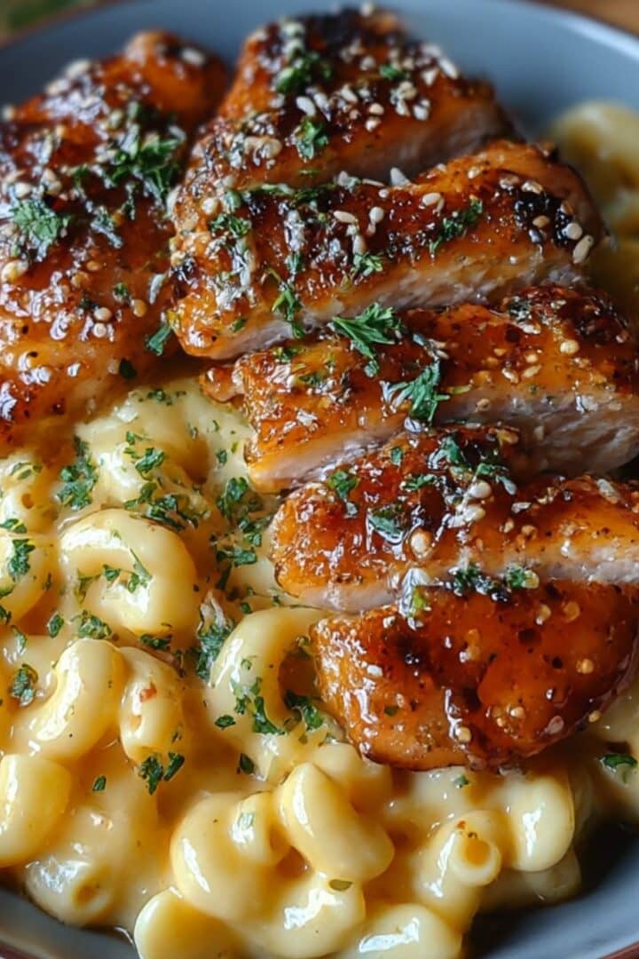 sweet and spicy honey pepper chicken with creamy mac and cheese topped with parsley and sesame seeds.