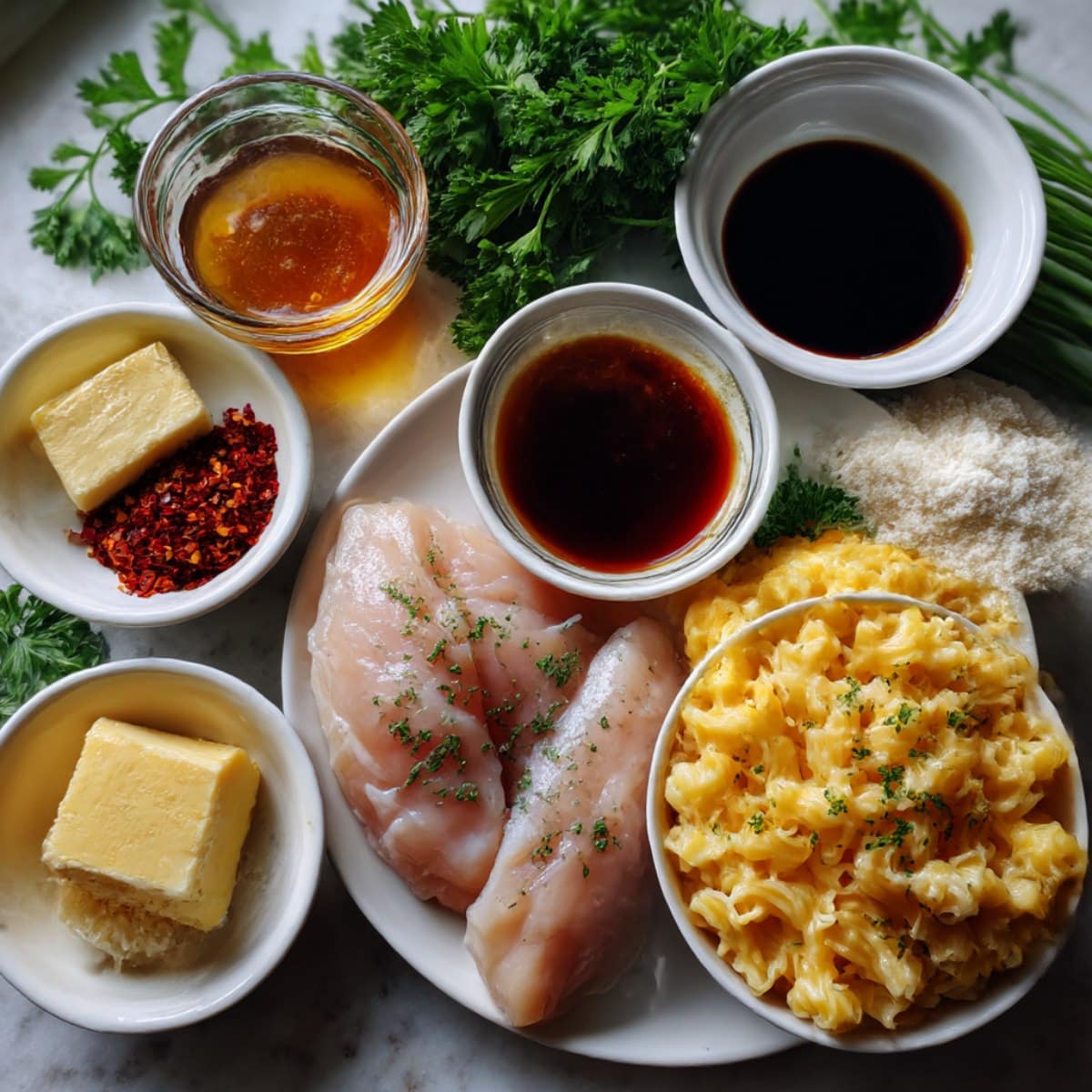 Flat lay of ingredients for sweet and spicy honey pepper chicken with creamy mac and cheese on a white counter.