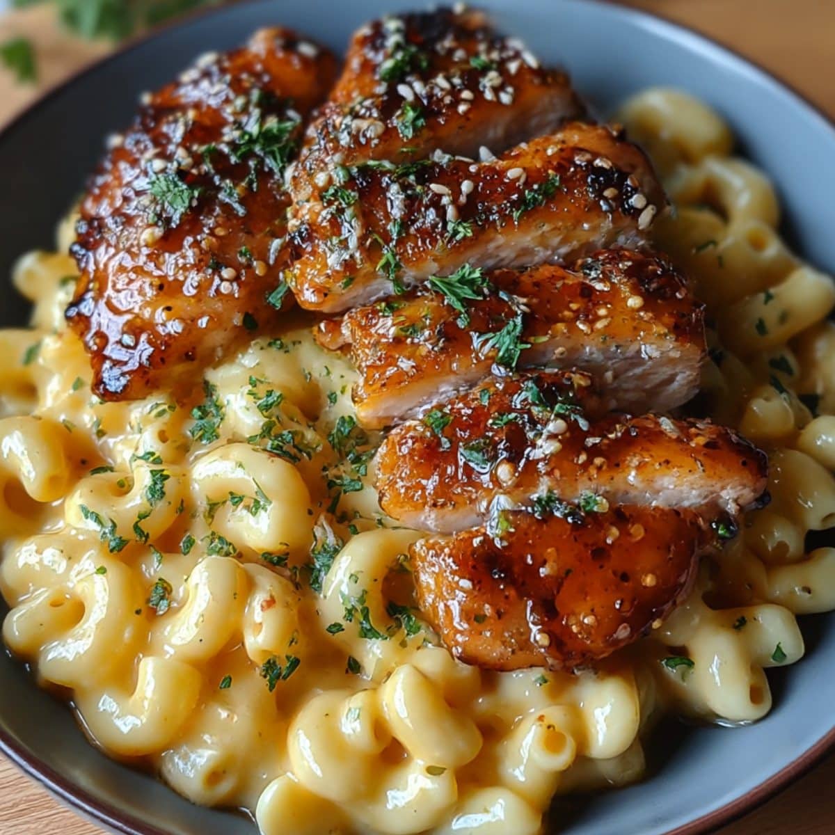 sweet and spicy honey pepper chicken with creamy mac and cheese topped with parsley and sesame seeds.