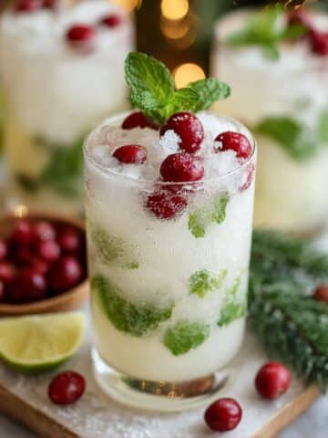 White Christmas Mojito made with coconut cream, fresh mint, lime, and cranberries over crushed ice