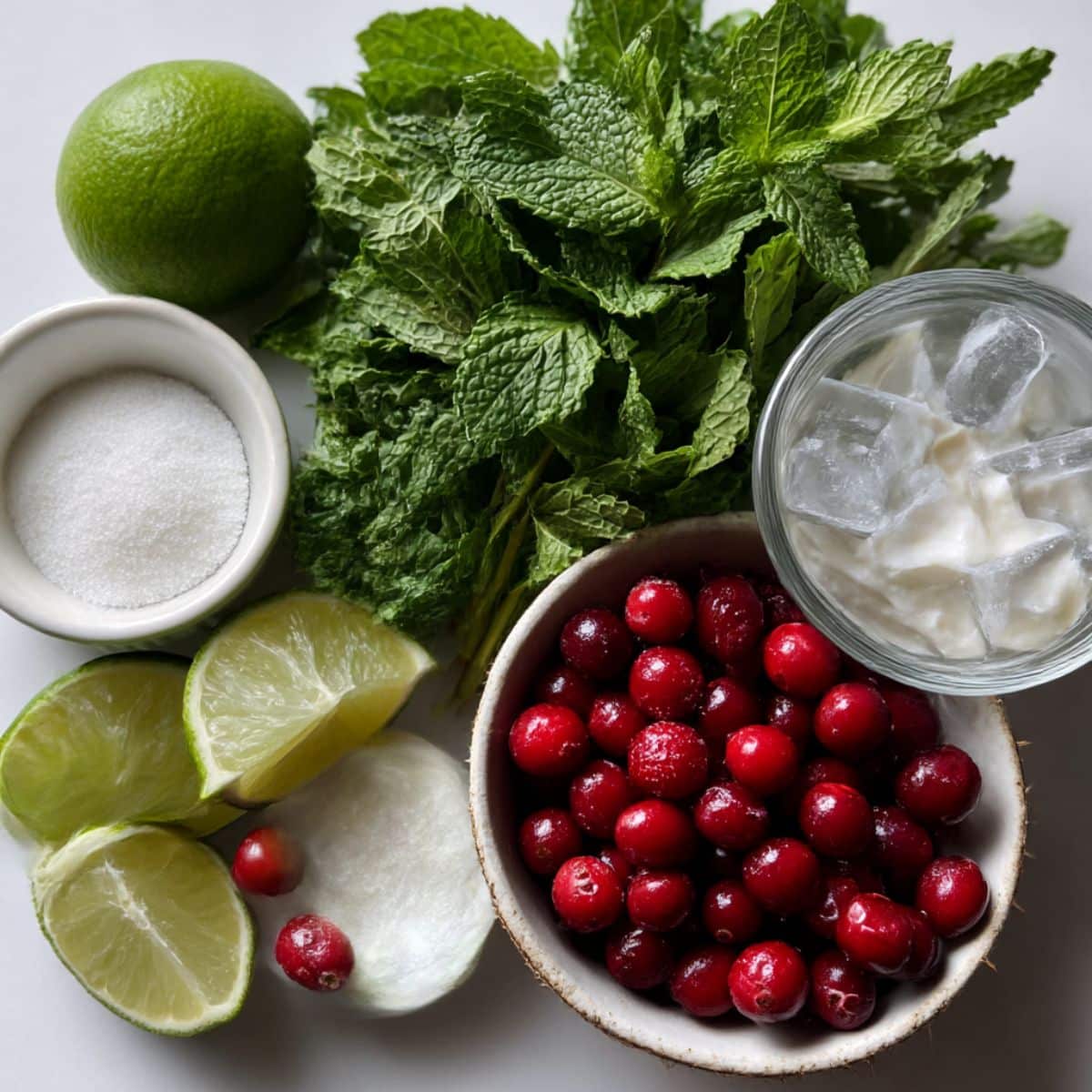 Ingredients for a White Christmas Mojito including mint, lime, coconut cream, coconut water, sugar, and cranberries on a white kitchen counter.