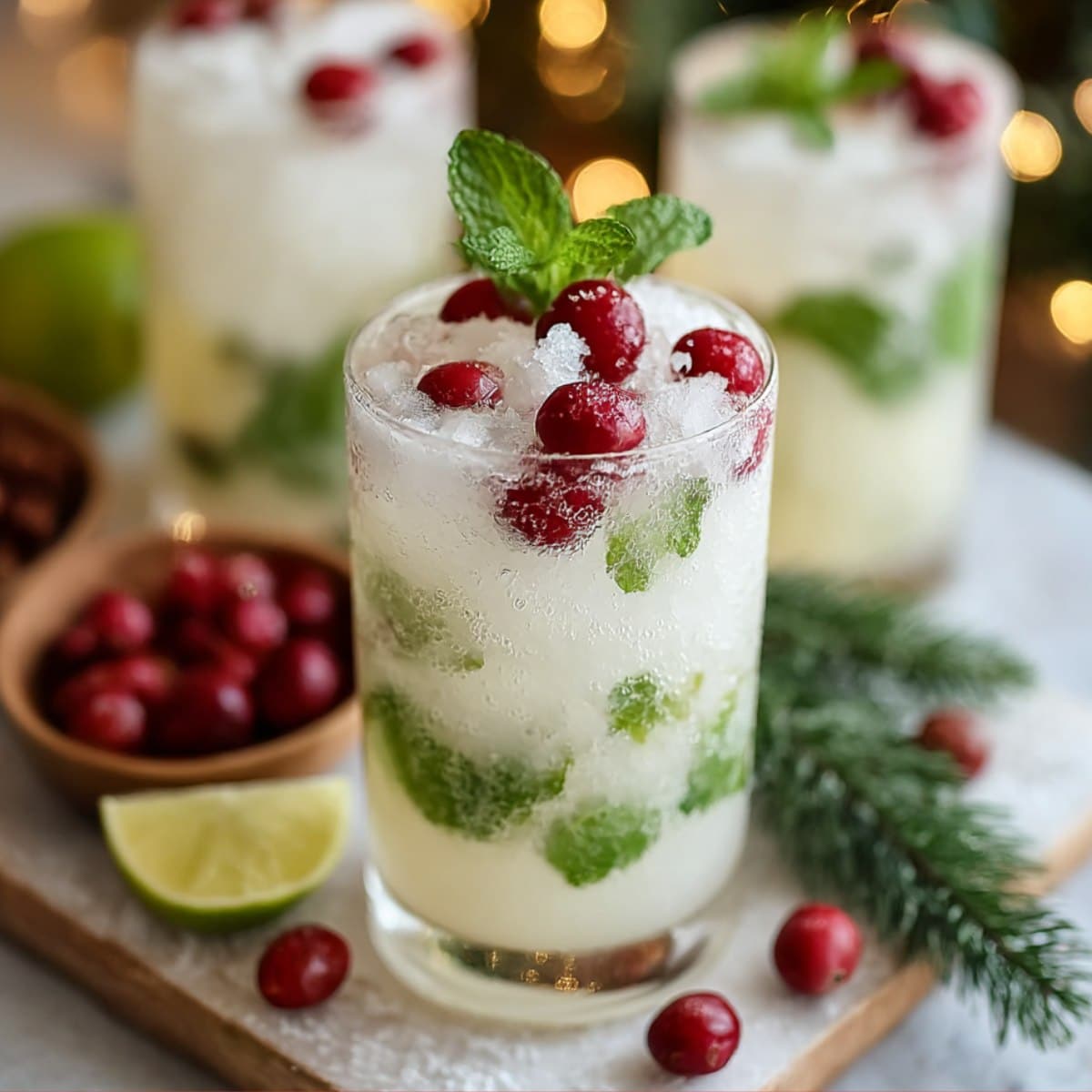 White Christmas Mojito made with coconut cream, fresh mint, lime, and cranberries over crushed ice