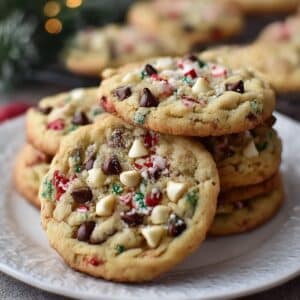 Homemade winter wonderland chocolate chip Christmas cookies with white and semi-sweet chocolate chips, peppermint, and festive sprinkles.
