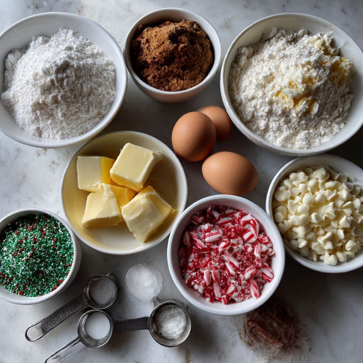 Overhead view of Christmas cookie ingredients including butter, sugar, chocolate chips, and peppermint.