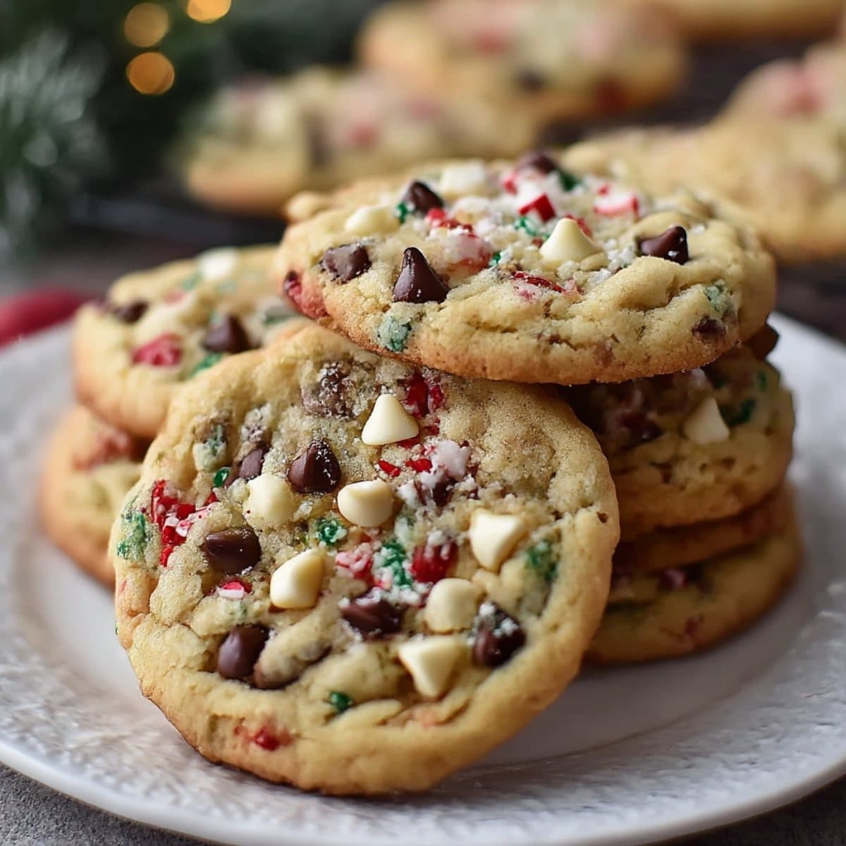 Homemade winter wonderland chocolate chip Christmas cookies with white and semi-sweet chocolate chips, peppermint, and festive sprinkles.