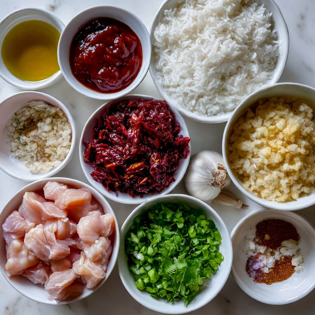 Ingredients for smoky chipotle BBQ chicken and rice skillet, including chicken, cooked rice, BBQ sauce, chipotle peppers, and fresh herbs.
