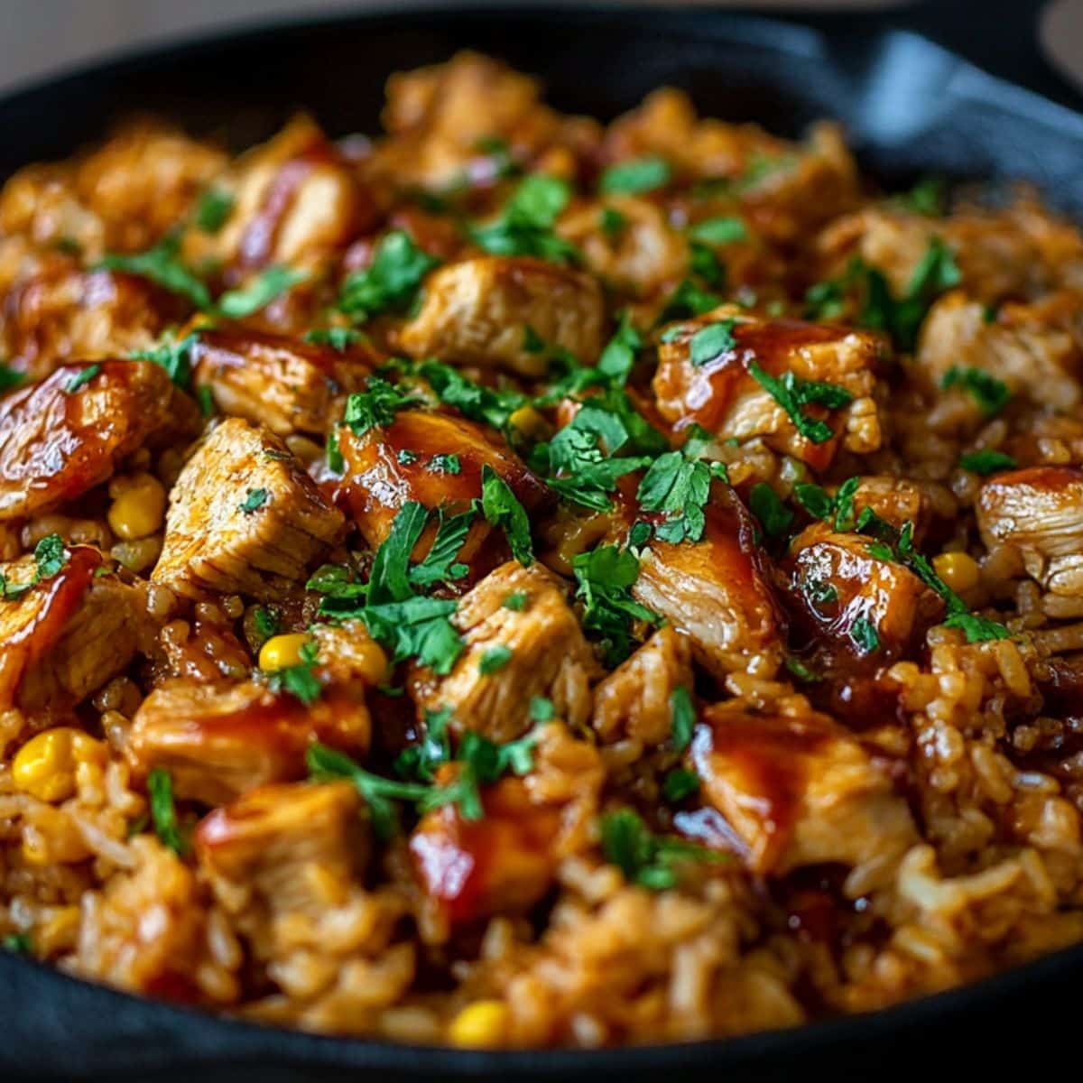 Smoky chipotle BBQ chicken and rice skillet with glazed chicken pieces, fluffy rice, corn, and fresh cilantro on top.
