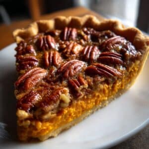 Homemade sweet potato pecan pie slice with a crunchy pecan praline topping and creamy sweet potato filling.