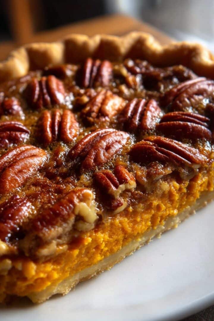 Homemade sweet potato pecan pie slice with a crunchy pecan praline topping and creamy sweet potato filling.