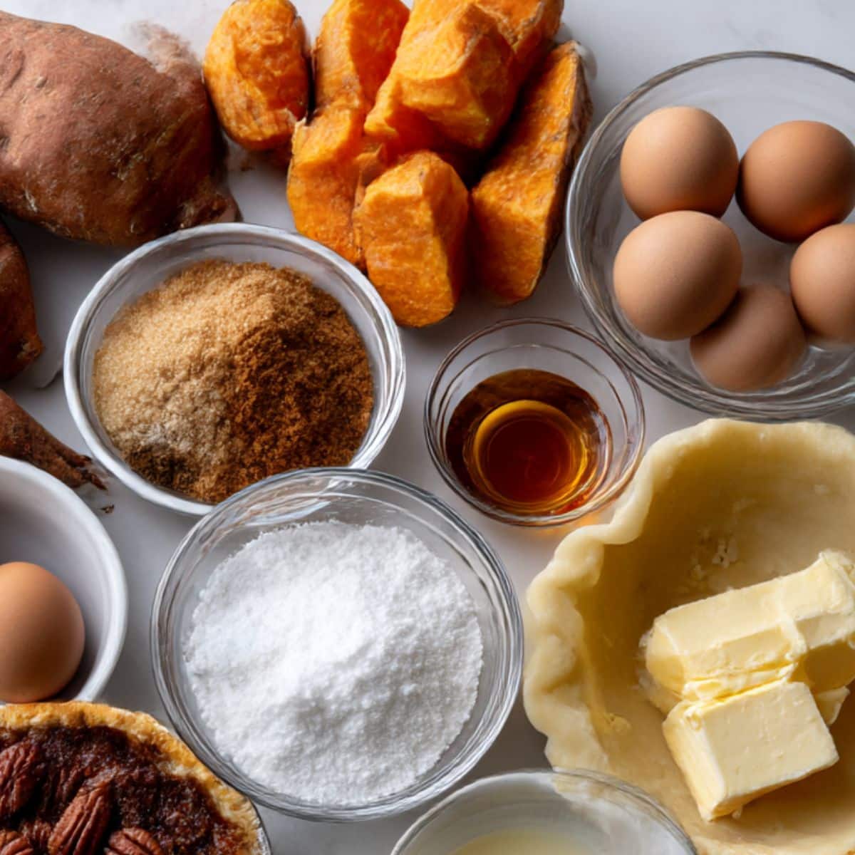 Overhead photo of all ingredients for sweet potato pecan pie on a white kitchen counter.