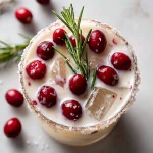 Creamy white Christmas cranberry margarita topped with fresh cranberries and a rosemary sprig in a sugar-rimmed glass