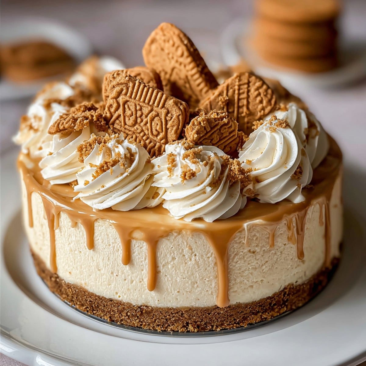 Biscoff cookie butter cheesecake with a thick creamy filling, crunchy Biscoff cookie crust, and a glossy cookie butter drip around the edges.